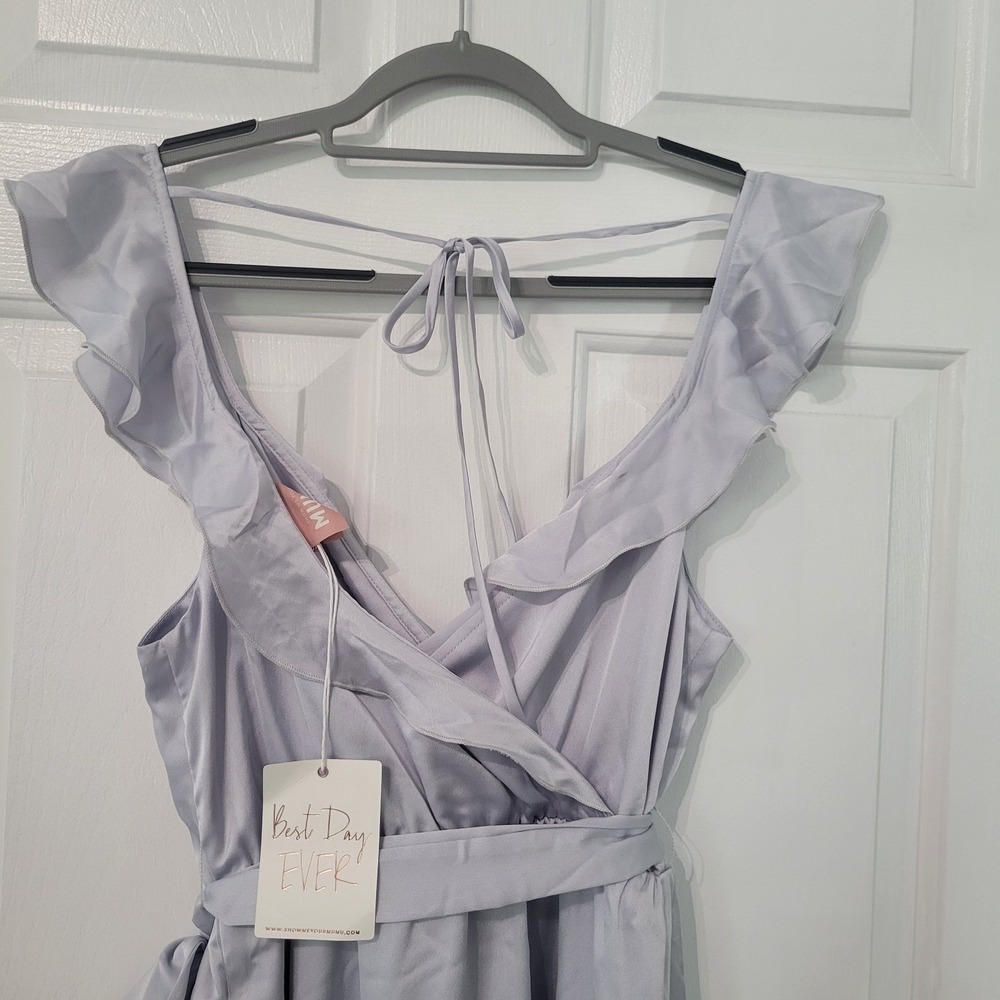 Show Me Your Mumu Samantha Ruffle Wrap Dress Luxe Satin Gray Medium NWT - Picture 3 of 6